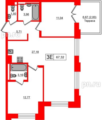 Квартира в ЖК «Альпен», 2 комнатная, 65.32 м², 6 этаж