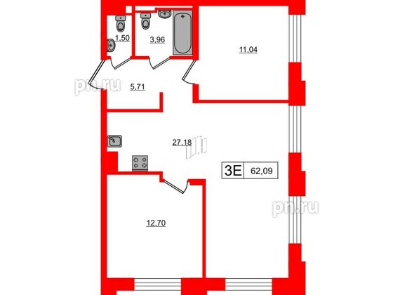 Квартира в ЖК Alpen, 2 комнатная, 62.09 м², 8 этаж