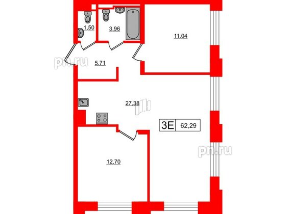 Квартира в ЖК Alpen, 2 комнатная, 62.29 м², 9 этаж