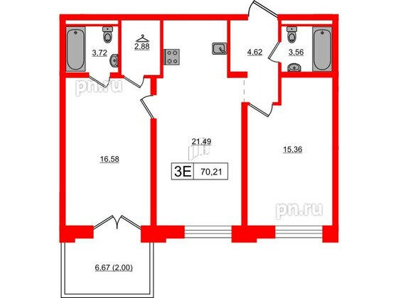 Квартира в ЖК Alpen, 2 комнатная, 70.21 м², 4 этаж