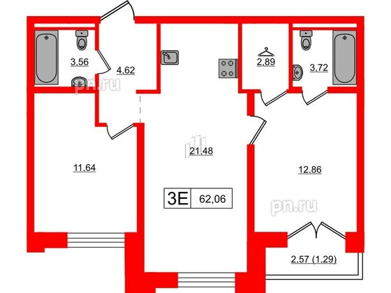 Квартира в ЖК Alpen, 2 комнатная, 62.06 м², 9 этаж