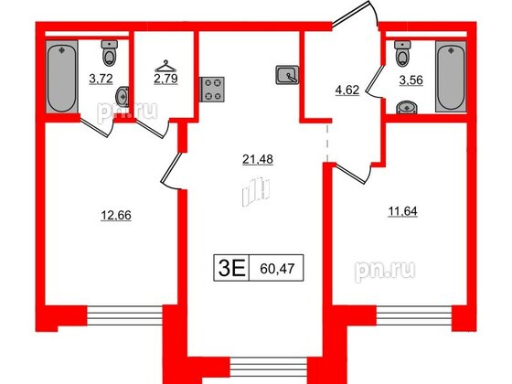 Квартира в ЖК Alpen, 2 комнатная, 60.47 м², 8 этаж