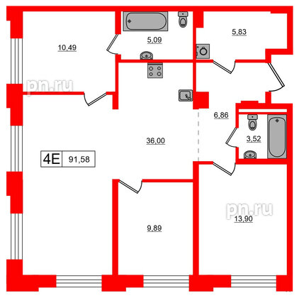 Квартира в ЖК Alpen, 3 комнатная, 91.58 м², 3 этаж