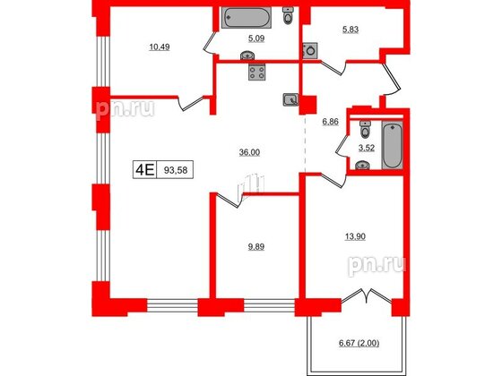 Квартира в ЖК Alpen, 3 комнатная, 93.58 м², 5 этаж