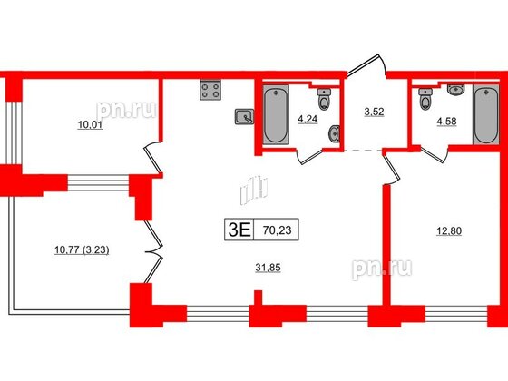 Квартира в ЖК Alpen, 2 комнатная, 70.23 м², 10 этаж