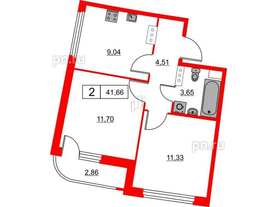 Квартира в ЖК Авиатор, 2 комнатная, 41.66 м², 7 этаж