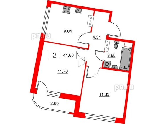 Квартира в ЖК Авиатор, 2 комнатная, 41.66 м², 14 этаж