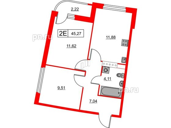 Квартира в ЖК Авиатор, 2 комнатная, 45.27 м², 6 этаж