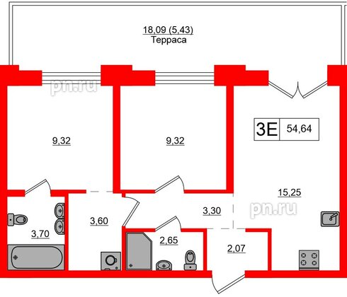 Квартира в ЖК «Альпен», 2 комнатная, 49.21 м², 2 этаж