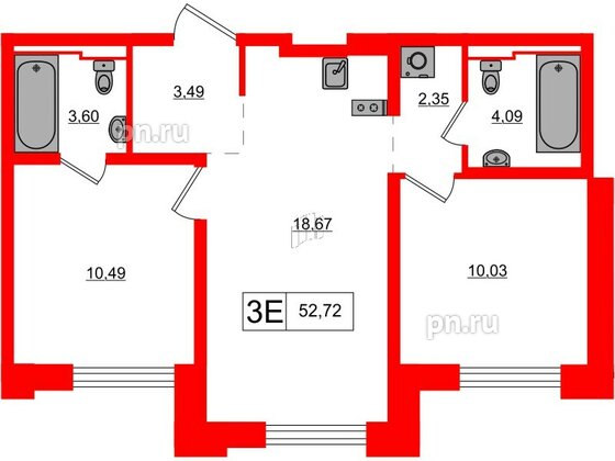 Квартира в ЖК Alpen, 2 комнатная, 52.72 м², 7 этаж