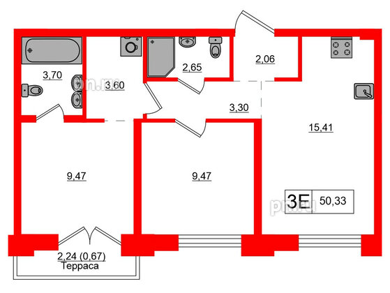 Квартира в ЖК Alpen, 2 комнатная, 50.33 м², 5 этаж
