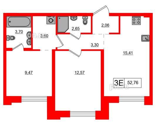 Квартира в ЖК Alpen, 2 комнатная, 52.76 м², 6 этаж