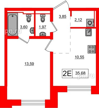 Квартира в ЖК «Альпен», 1 комнатная, 35.68 м², 9 этаж