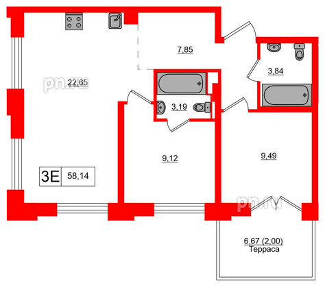 Квартира в ЖК Alpen, 2 комнатная, 58.14 м², 4 этаж