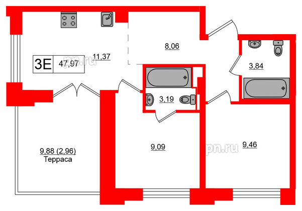 Квартира в ЖК Alpen, 2 комнатная, 47.97 м², 9 этаж
