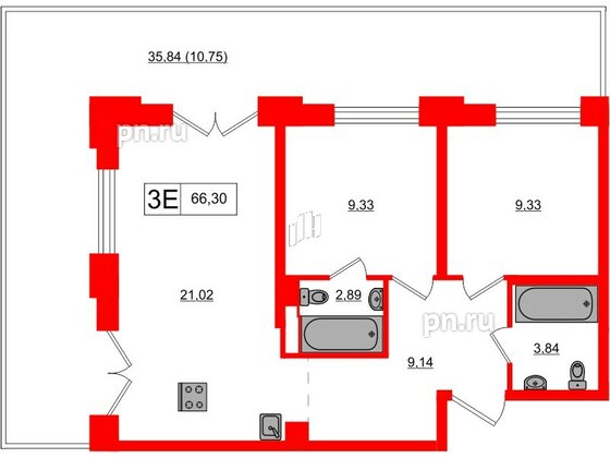 Квартира в ЖК Alpen, 2 комнатная, 66.3 м², 2 этаж