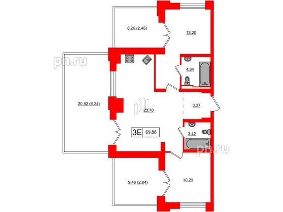 Квартира в ЖК Alpen, 2 комнатная, 69.88 м², 10 этаж