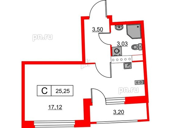 Квартира в ЖК Авиатор, студия, 25.25 м², 6 этаж