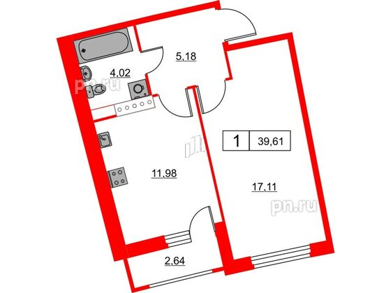 Квартира в ЖК Авиатор, 1 комнатная, 39.61 м², 5 этаж