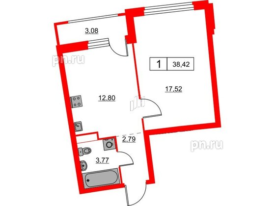 Квартира в ЖК Авиатор, 1 комнатная, 38.42 м², 2 этаж