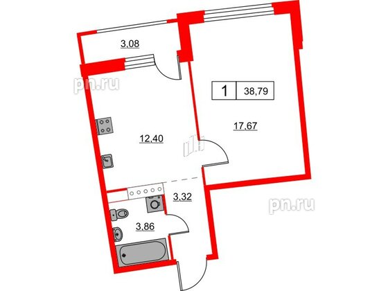 Квартира в ЖК Авиатор, 1 комнатная, 38.79 м², 3 этаж