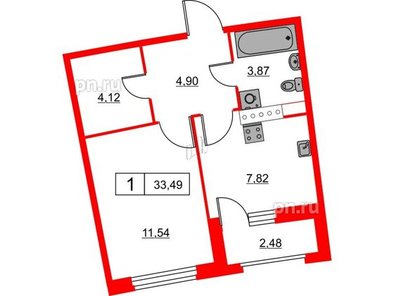 Квартира в ЖК Авиатор, 1 комнатная, 33.49 м², 6 этаж