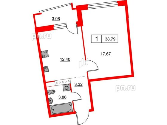 Квартира в ЖК Авиатор, 1 комнатная, 38.79 м², 3 этаж