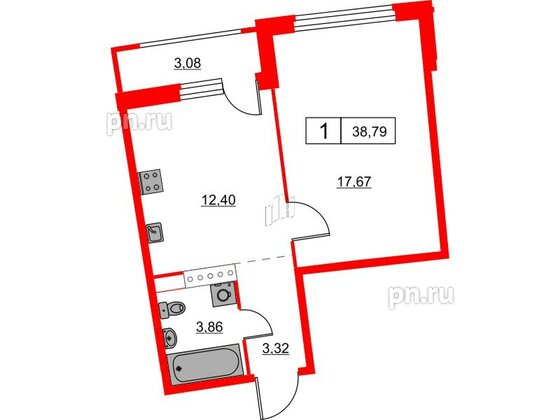 Квартира в ЖК Авиатор, 1 комнатная, 38.79 м², 11 этаж