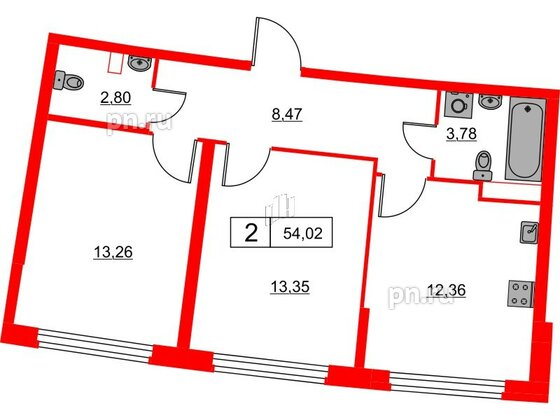 Квартира в ЖК Авиатор, 2 комнатная, 54.02 м², 2 этаж