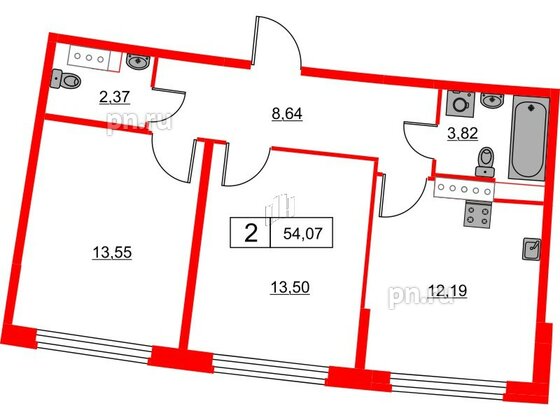 Квартира в ЖК Авиатор, 2 комнатная, 54.07 м², 3 этаж