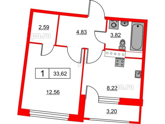 Квартира в ЖК Авиатор, 1 комнатная, 33.62 м², 6 этаж