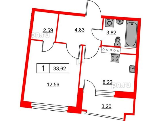 Квартира в ЖК Авиатор, 1 комнатная, 33.62 м², 8 этаж