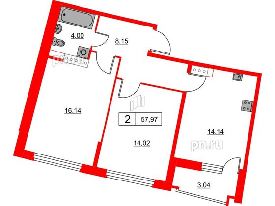 Квартира в ЖК Авиатор, 2 комнатная, 57.97 м², 4 этаж