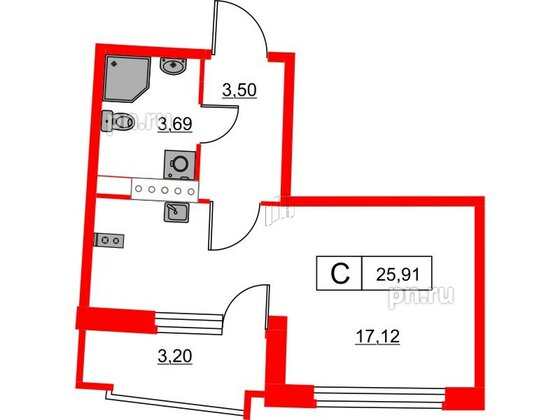 Квартира в ЖК Авиатор, студия, 25.91 м², 6 этаж