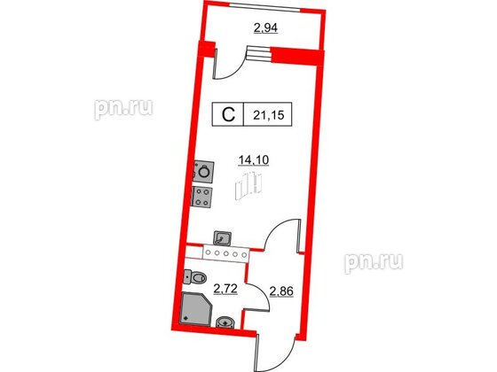 Квартира в ЖК Авиатор, студия, 21.15 м², 14 этаж
