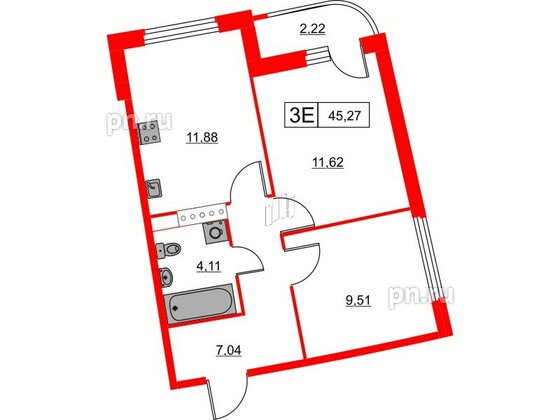 Квартира в ЖК Авиатор, 2 комнатная, 45.27 м², 5 этаж