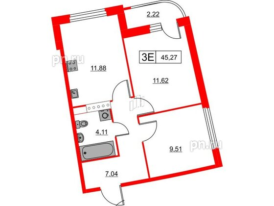 Квартира в ЖК Авиатор, 2 комнатная, 45.27 м², 6 этаж