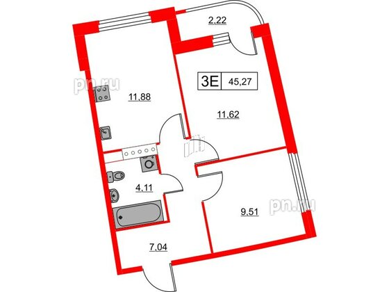 Квартира в ЖК Авиатор, 2 комнатная, 45.27 м², 9 этаж