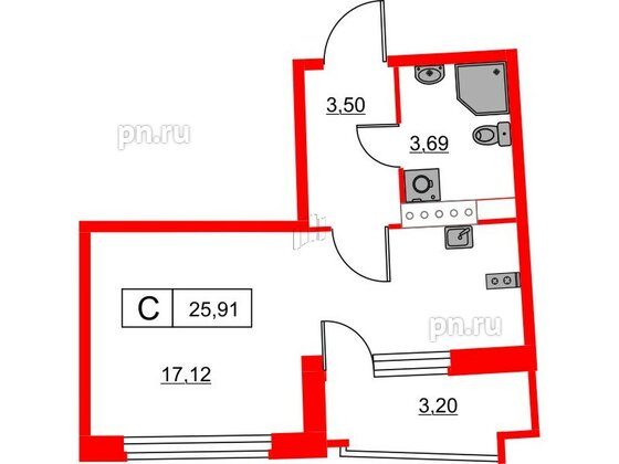 Квартира в ЖК Авиатор, студия, 25.91 м², 3 этаж