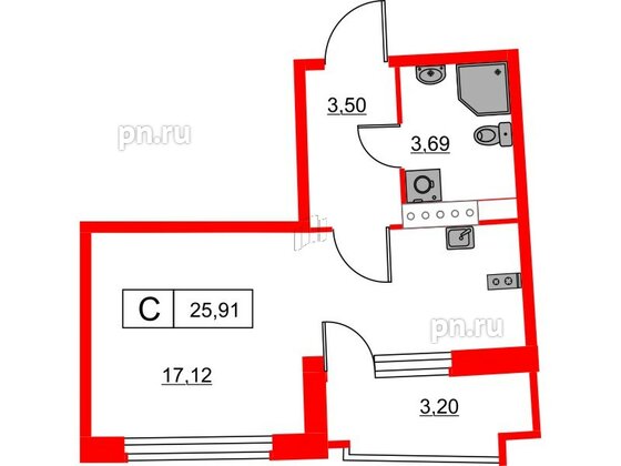 Квартира в ЖК Авиатор, студия, 25.91 м², 8 этаж