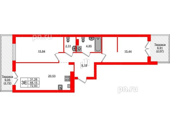 Квартира в ЖК «Включи», 2 комнатная, 72.93 м², 1 этаж