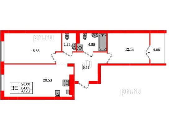 Квартира в ЖК «Включи», 2 комнатная, 68.93 м², 6 этаж