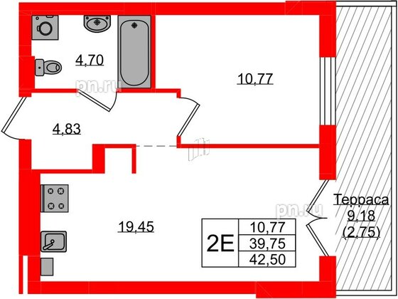 Квартира в ЖК «Включи», 1 комнатная, 42.5 м², 1 этаж