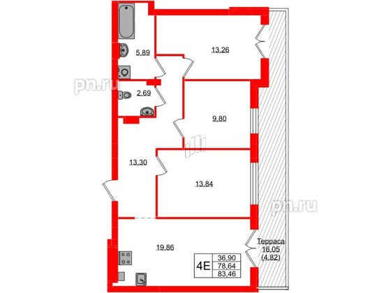 Квартира в ЖК «Включи», 3 комнатная, 83.46 м², 1 этаж