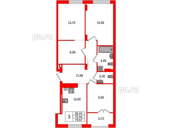 Квартира в ЖК «Включи», 3 комнатная, 79.67 м², 2 этаж