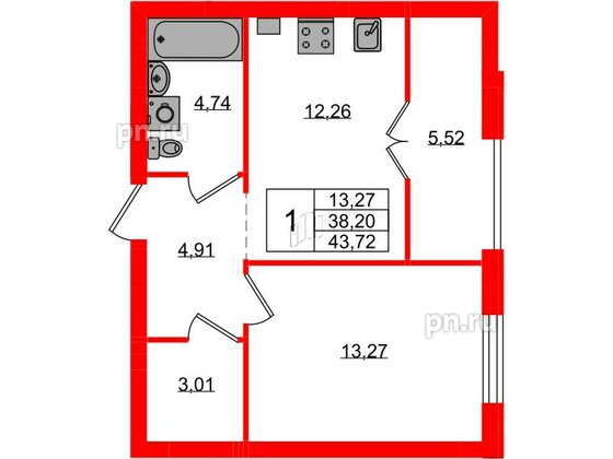 Квартира в ЖК «Включи», 1 комнатная, 43.72 м², 7 этаж