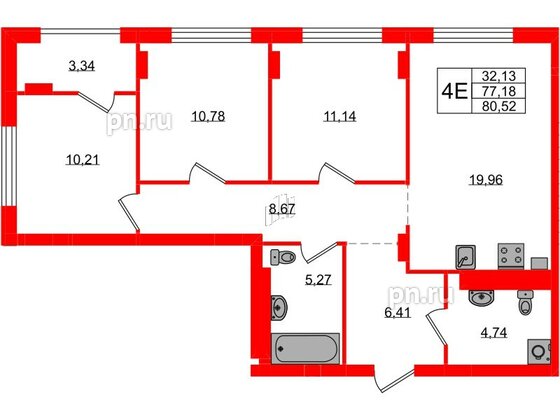 Квартира в ЖК «Включи», 3 комнатная, 80.52 м², 4 этаж