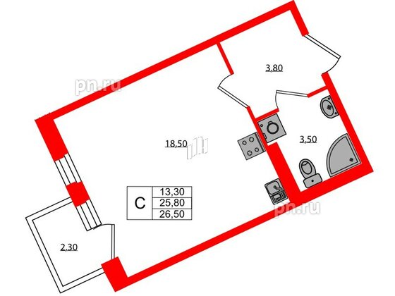 Квартира в ЖК Экография, студия, 26.5 м², 2 этаж