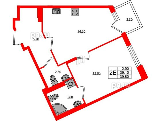 Квартира в ЖК Экография, 1 комнатная, 39.8 м², 2 этаж