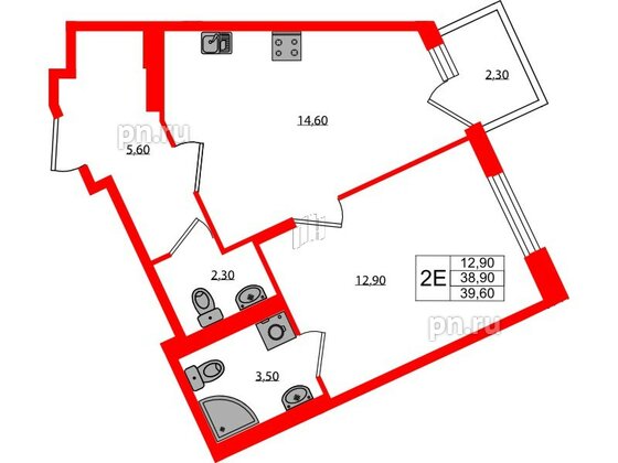 Квартира в ЖК Экография, 1 комнатная, 39.6 м², 3 этаж